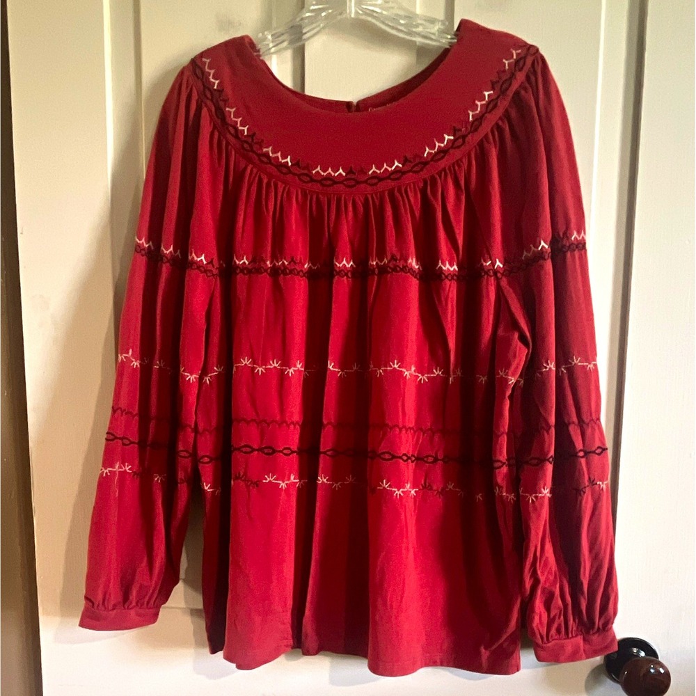 Garnet Hill Womens Red Embroidered Scoop Neck Long Sleeve Pullover Blouse M